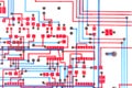 close up of a plotted circuit layout in red and blue