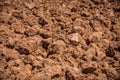 Close up of plowed red soil, arable land.