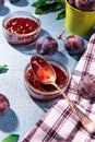 Close up of plum jam with ripe plums on background Royalty Free Stock Photo