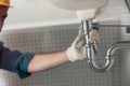 Close up of plumber is repairing faucet at bathroom. Good quality plumbing company service Royalty Free Stock Photo
