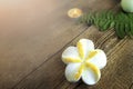 Close up plumeria bath bomb over fern leaf and candle on wooden background. Spa lifestyle concept. Royalty Free Stock Photo