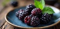 Close up of plump blackberries; spoon, plate, branch , macro, background Royalty Free Stock Photo