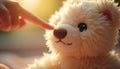Close-up of a plush toys button eye, with a childs fingertip gently touching it