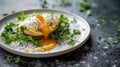 A close-up poached egg, its runny yolk spilling out, an essential component of the ketogenic diet Eggs Benedict recipe, paired