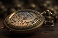 a close up of a pocket watch on a table with beads