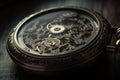 a close up of a pocket watch on a wooden table