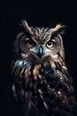 A close up of a pockmarked owl staring forward. Portrait. Taken against a dark background the eyes are penetrating the viewer.