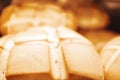 Close up point of view of defocused piece of ready made bread at the bakery Royalty Free Stock Photo