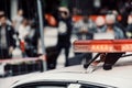 close-up of a police car lamps on roof & x28;from a zombie march& x29; Royalty Free Stock Photo