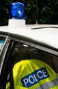 Police sign on police patrol car.