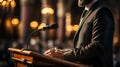 Close-up of a politician man in a suit giving a speech at the conference hall from behind the pulpit. Generative AI Royalty Free Stock Photo