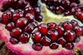 Close up of pomegranate seed. Open pomegranate fruit where ripe red pomegranate seeds are seen. Fruit pomegranate. Macro Royalty Free Stock Photo