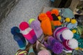 Close up of pompoms and colorful hats