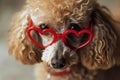 Close-up of a poodle donning charming red heart-shaped glasses. The playful eyewear boasts hearts above the dog's Royalty Free Stock Photo