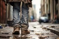 Close-Up of a Poor Man& x27;s Worn Shoes and Legs on Urban Street. Royalty Free Stock Photo