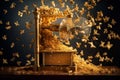 A close-up of a popcorn machine, with popcorn kernels popping and flying out of the machine, capturing the essence of the popcorn-