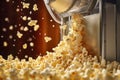 A close-up of a popcorn machine, with popcorn kernels popping and flying out of the machine, capturing the essence of the popcorn-