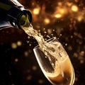 Close up of a popping champagne with golden bubbles bottle pour in champagne glass. Generative Ai Royalty Free Stock Photo