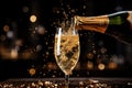 Close up of a popping champagne with golden bubbles bottle pour in champagne glass. Generative Ai