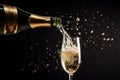 Close up of a popping champagne with golden bubbles bottle pour in champagne glass. Generative Ai