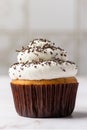 Close-up of a poppy-seed cupcake decorated with chocolate sprinkles on a top of cream cheese on light tiles and marble background Royalty Free Stock Photo