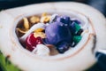 Close up of the popular and favorite Filipino cold dessert `Buko` or Coconut Halo-halo also spelled haluhalo. Royalty Free Stock Photo