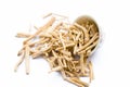 Close up of popular Indian and Asian ayurvedic herb i.e. Satavari or kurilo isolated on white in a glass bowl.