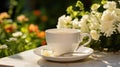 A close-up of a porcelain tea cup, filled with warm tea