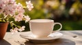 A close-up of a porcelain tea cup, filled with warm tea