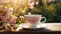 A close-up of a porcelain tea cup, filled with warm tea