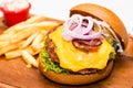 Close up on Pork burger with cheese, vegetable and served with fries Royalty Free Stock Photo