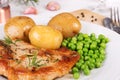 Close up of pork chop, boiled jacket potatoes and green peas