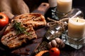 Close up pork chops steak with black pepper sauce placing on vintage wooden plate Royalty Free Stock Photo