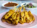 Pork satay with peanut sauce on dish