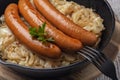 Close-up of pork sausages and sauerkraut Royalty Free Stock Photo