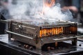 close-up of portable grill in motion, with smoke and flames coming from the burners