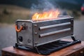 close-up of portable grill, with smoke and flames visible
