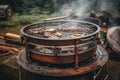 close-up of portable grill smoking and sizzling with juicy and flavorful meats