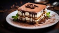 Close up on a portion of gourmet tiramisu Italian dessert served on a plate