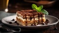 Close up on a portion of gourmet tiramisu Italian dessert topped with a sprig of mint .Generative AI