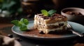 Close up on a portion of gourmet tiramisu Italian dessert topped with a sprig of mint .Generative AI