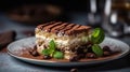 Close up on a portion of gourmet tiramisu Italian dessert topped with a sprig of mint .Generative AI