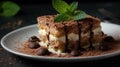 Close up on a portion of gourmet tiramisu Italian dessert topped with a sprig of mint .Generative AI