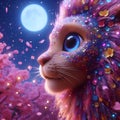 Close up portrai, adorable chibi kawaii liong king of the tribe, large reflective round eyes, glitter, sakura forest, fairytale Royalty Free Stock Photo