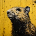 Brown Rat Painting On Yellow Background - Inspired By Bordalo Ii And Jeff Soto
