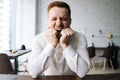 Close-up portrait of amazed happy young business man screaming in joy, read good online news, celebrating business Royalty Free Stock Photo