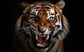 Close up portrait of and angry tiger on black background, Open eye black orange fur. Dangerous cat animal tropical jungle forest Royalty Free Stock Photo