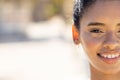 Close-up portrait of attractive caucasian young woman smiling and looking at camera, copy space Royalty Free Stock Photo