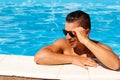 Close up portrait of attractive young man in sunglasses resting Royalty Free Stock Photo