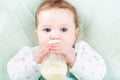 Close up portrait of a baby girl with a milk bottle lying on a green knitted blanket Royalty Free Stock Photo